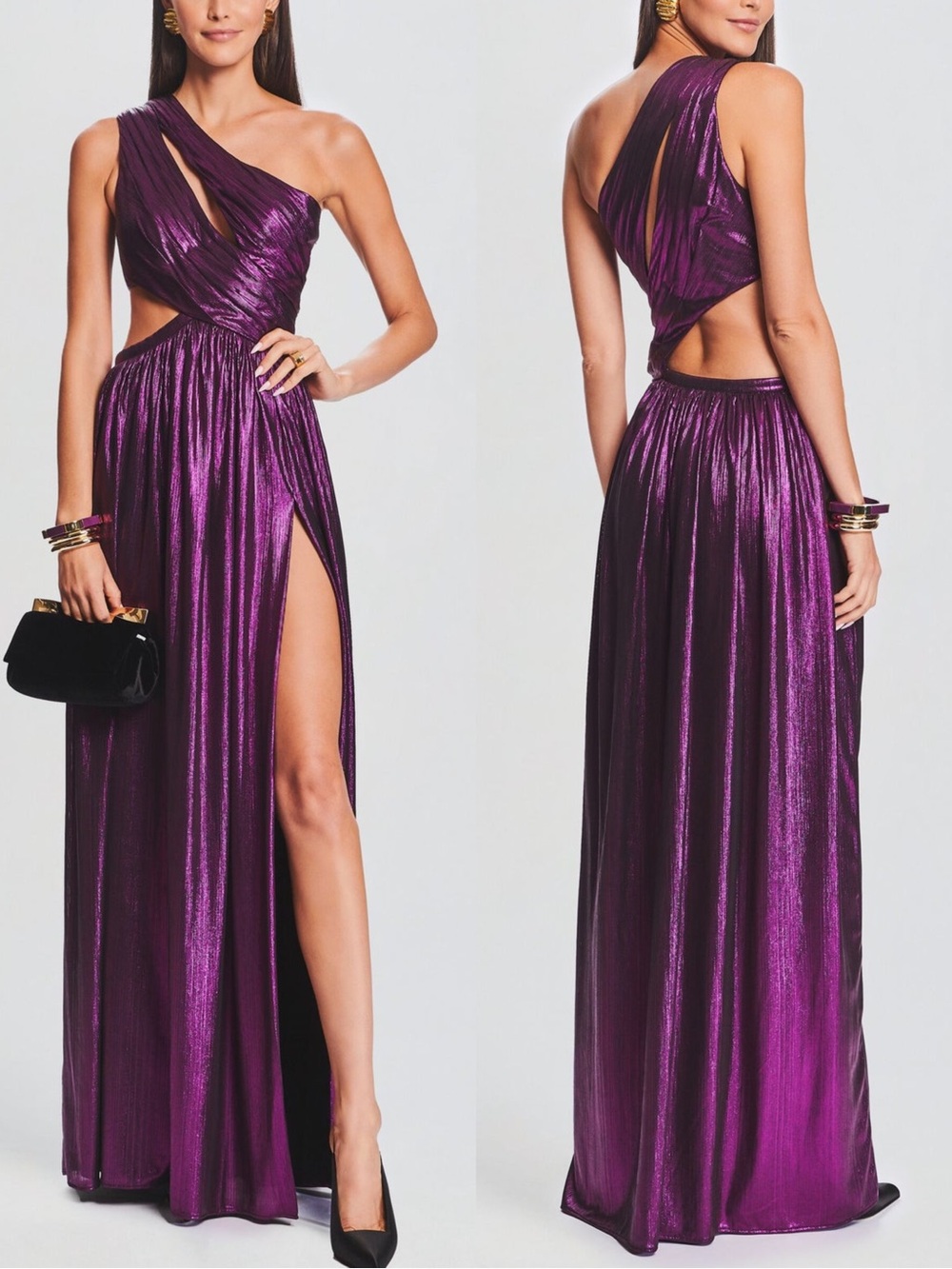 Retrofete NWT Jolene Cut-Out Metallic Purple Maxi Dress Gown Small